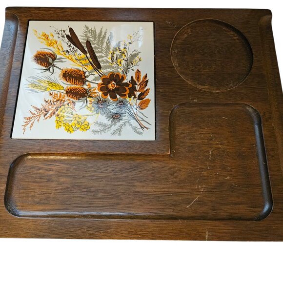 Vintage Retro Floral Dark Wood Cheese Tray Charcuterie Board Ceramic - Picture 1 of 7